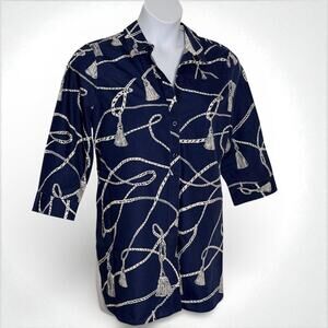 Chico's Navy Nautical Rope Tassel Print Button Up Tunic Blouse Size 2 / US Large